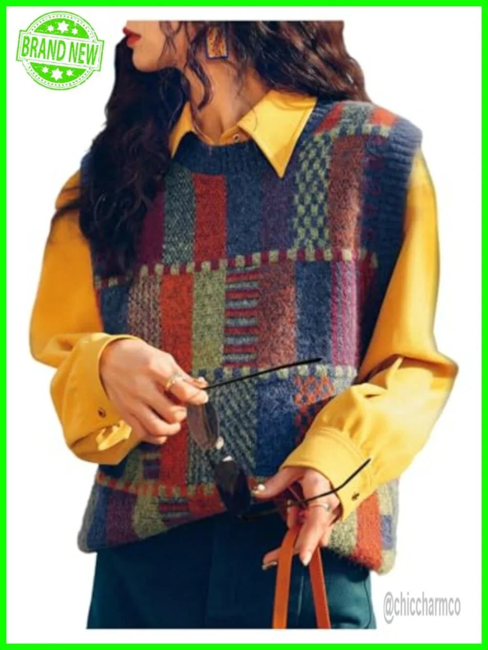 Womens Vintage Plaid Sweater Vest Crewneck Sleeveless Pullover